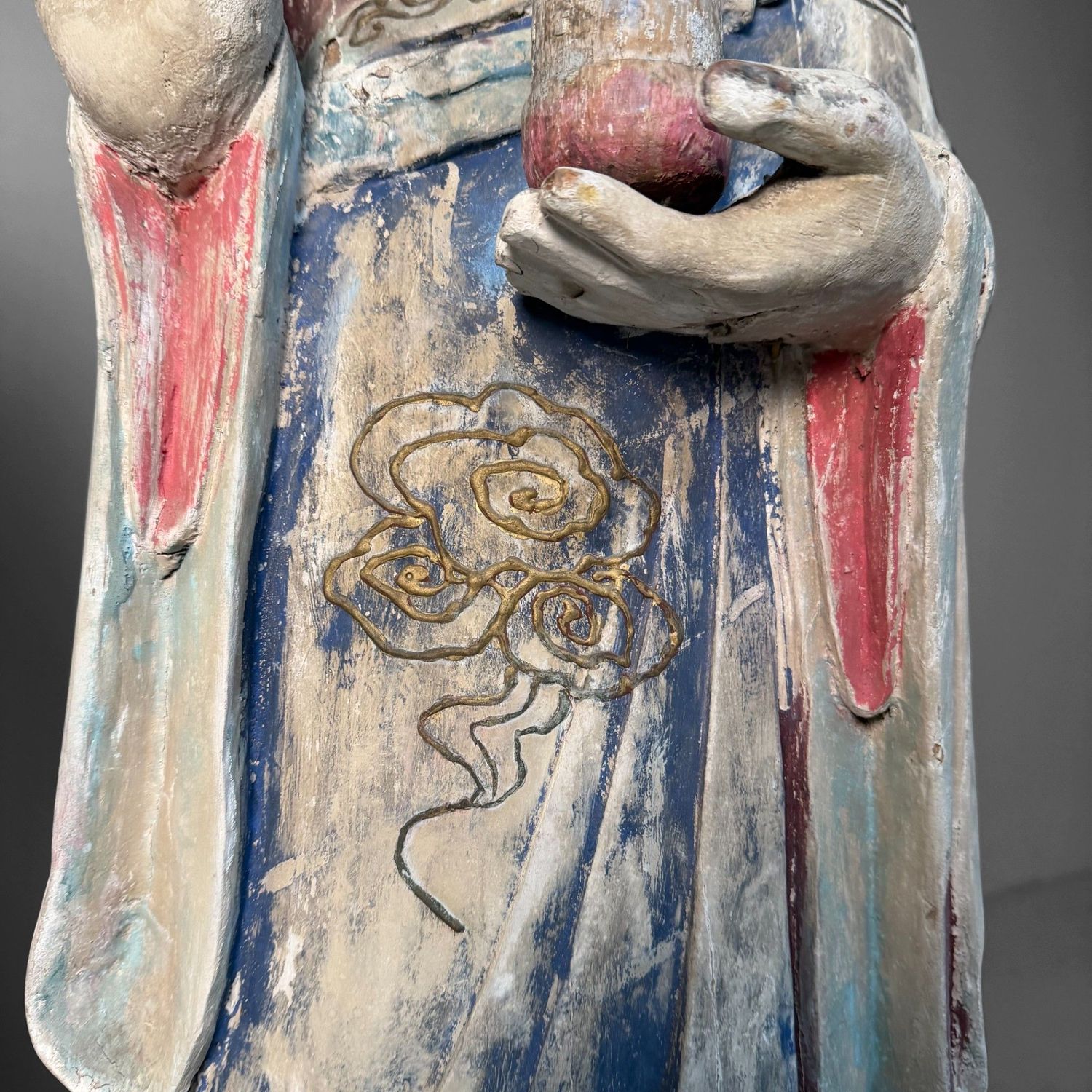 Grote Polychrome Tempelfiguren in Hout op Lotusvoet, Korea, 19e eeuw