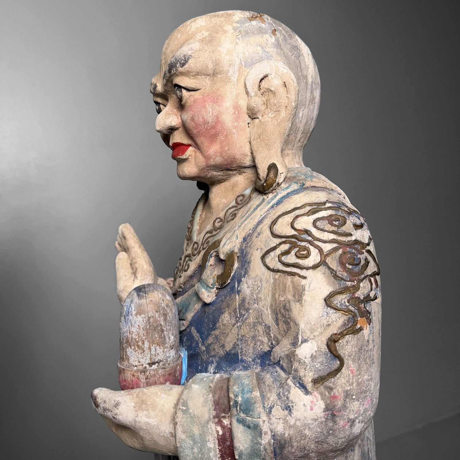 Grote Polychrome Tempelfiguren in Hout op Lotusvoet, Korea, 19e eeuw