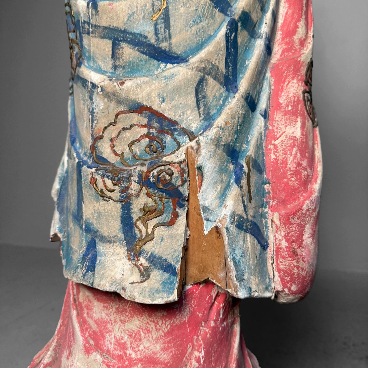 Grote Polychrome Tempelfiguren in Hout op Lotusvoet, Korea, 19e eeuw