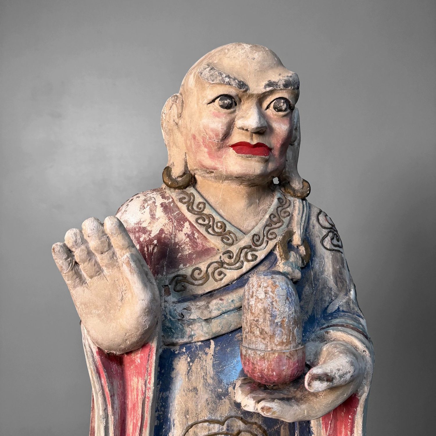 Grote Polychrome Tempelfiguren in Hout op Lotusvoet, Korea, 19e eeuw