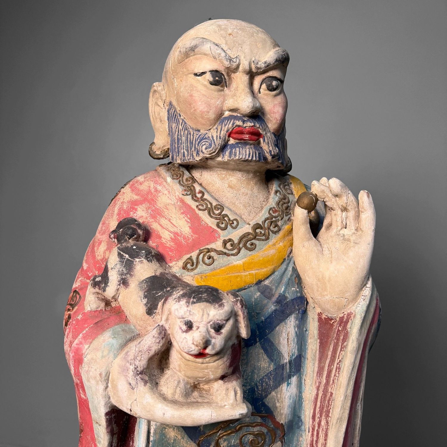 Grote Polychrome Tempelfiguren in Hout op Lotusvoet, Korea, 19e eeuw