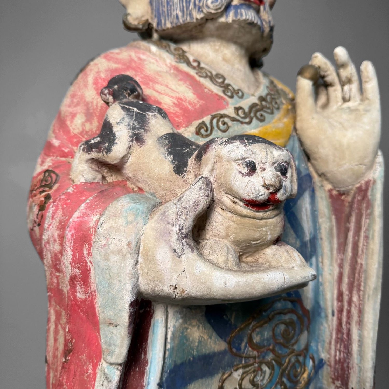 Grote Polychrome Tempelfiguren in Hout op Lotusvoet, Korea, 19e eeuw