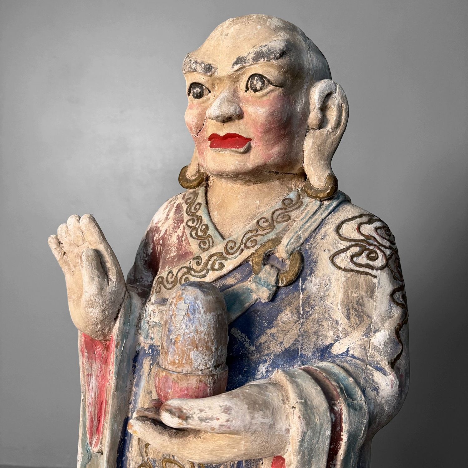 Grote Polychrome Tempelfiguren in Hout op Lotusvoet, Korea, 19e eeuw
