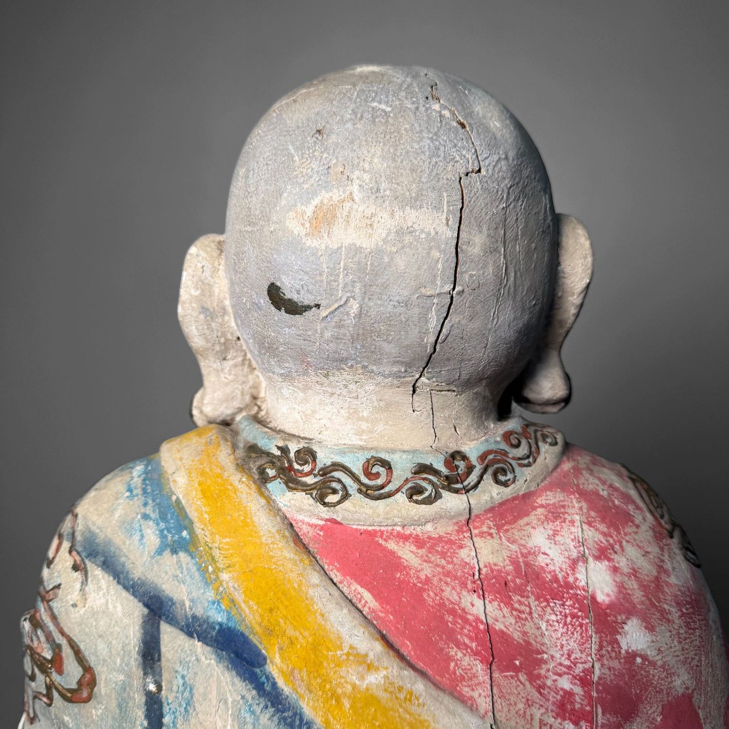 Grote Polychrome Tempelfiguren in Hout op Lotusvoet, Korea, 19e eeuw