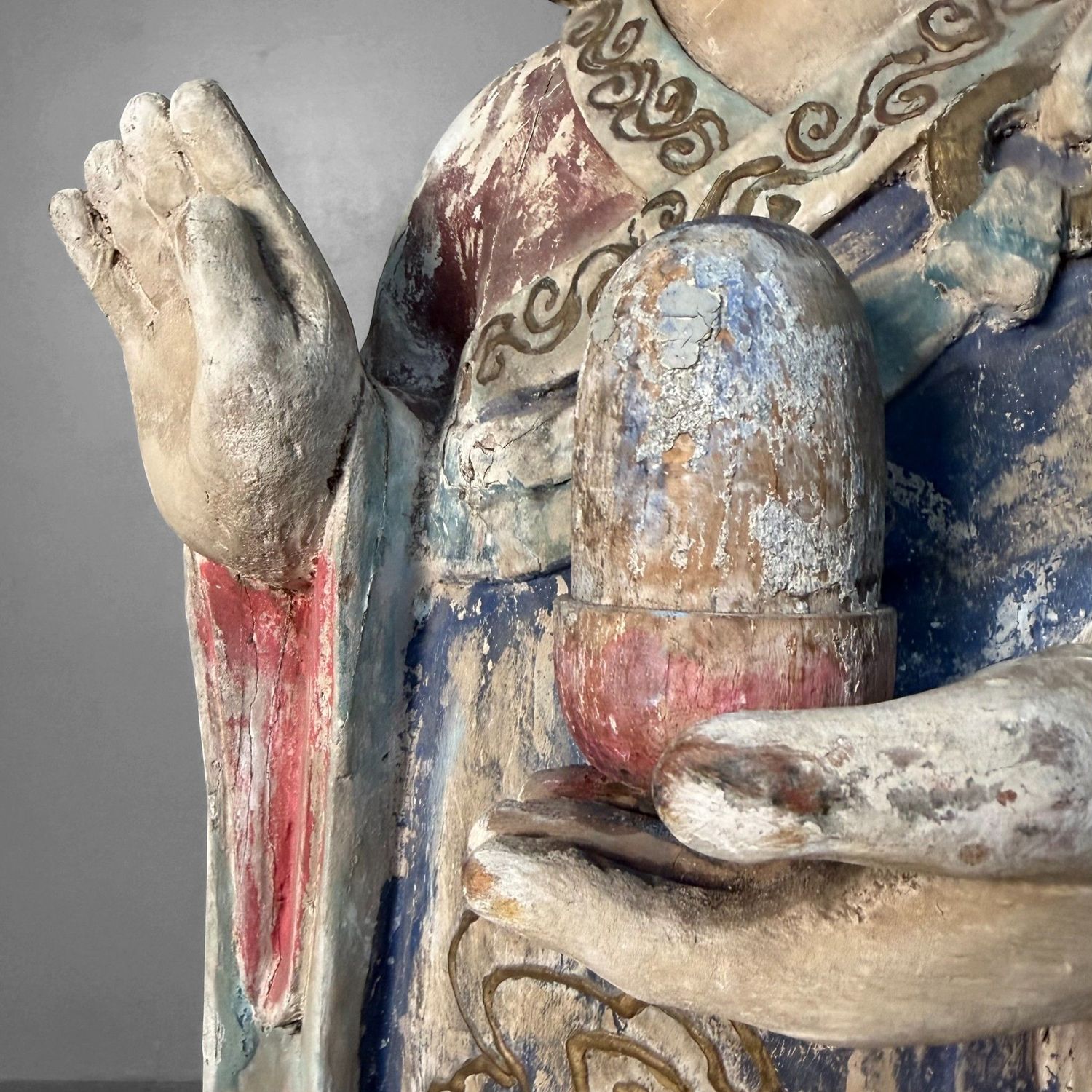Grote Polychrome Tempelfiguren in Hout op Lotusvoet, Korea, 19e eeuw