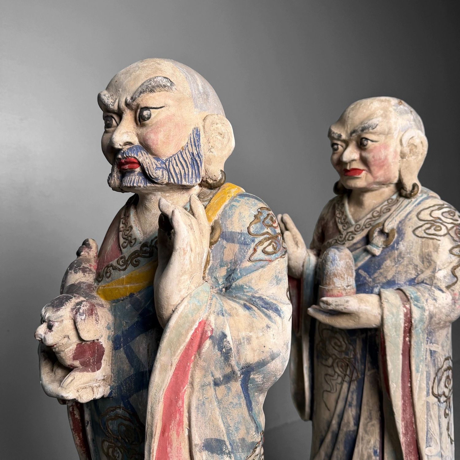 Grote Polychrome Tempelfiguren in Hout op Lotusvoet, Korea, 19e eeuw