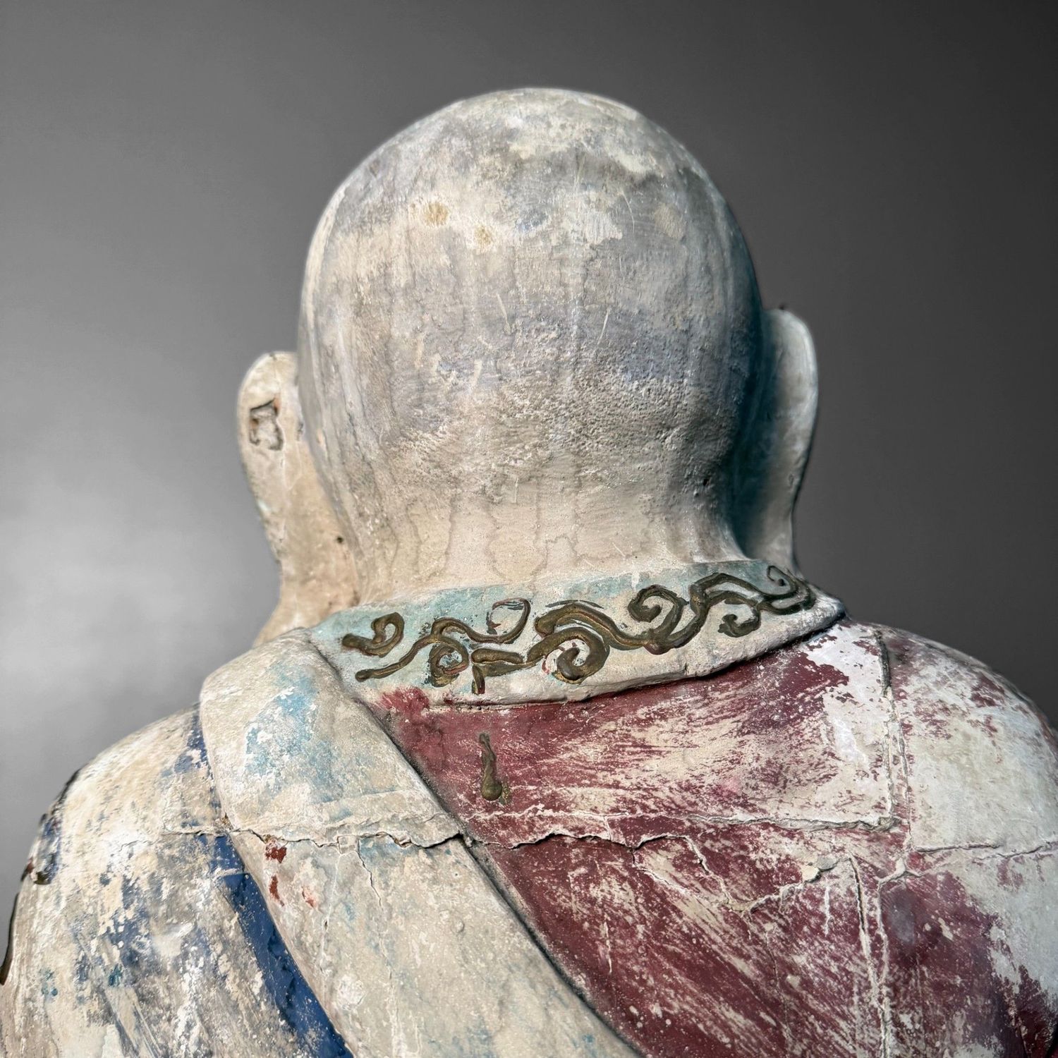 Grote Polychrome Tempelfiguren in Hout op Lotusvoet, Korea, 19e eeuw