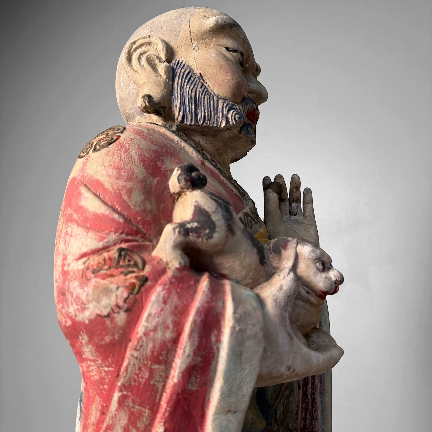 Grote Polychrome Tempelfiguren in Hout op Lotusvoet, Korea, 19e eeuw