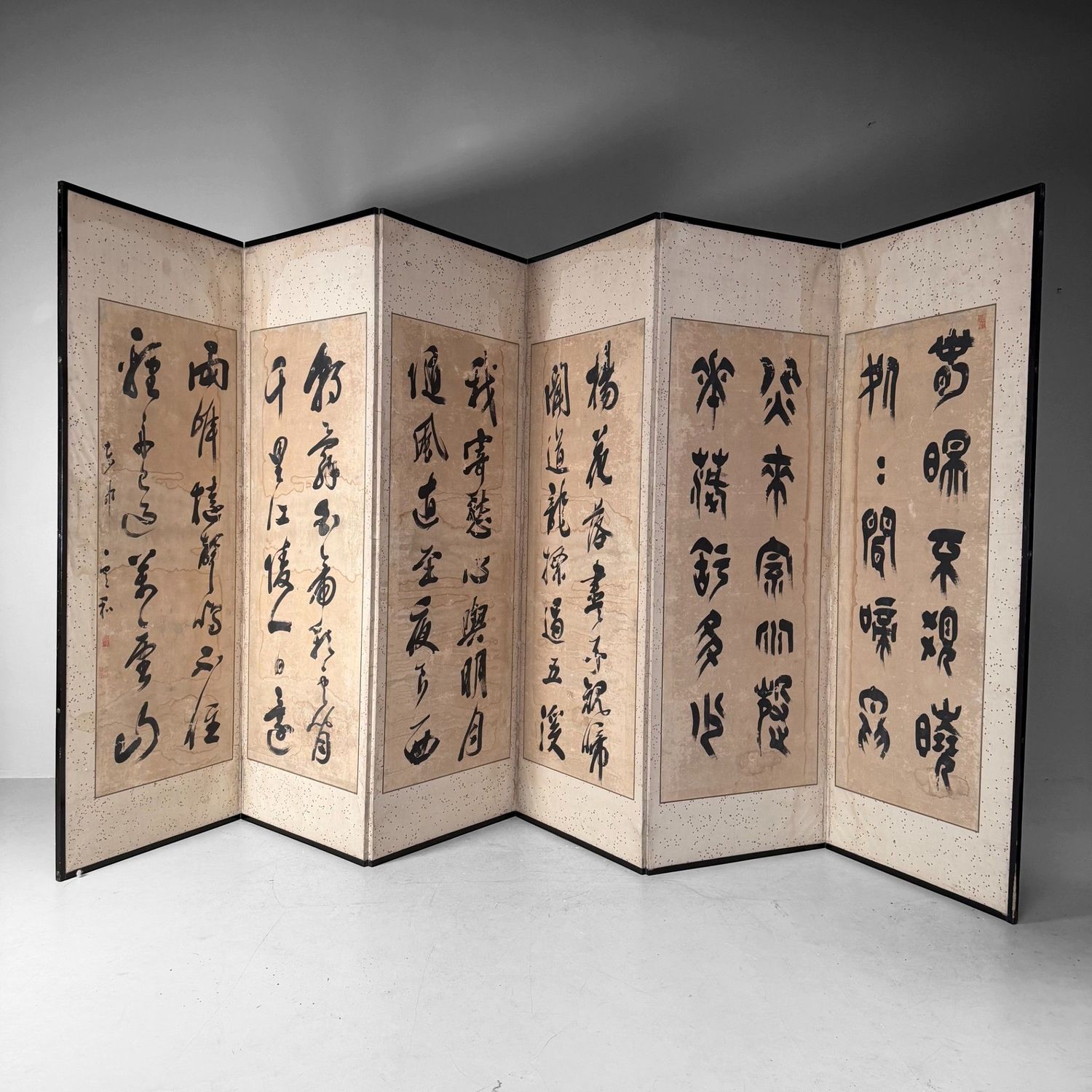 Antiek Japans Kamerscherm, Byōbu met Kalligrafie, 6 Panelen, 1890