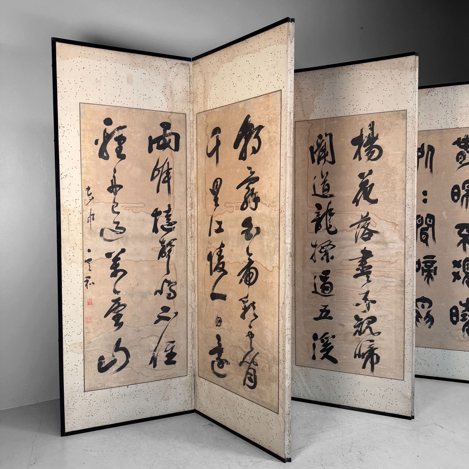 Antiek Japans Kamerscherm, Byōbu met Kalligrafie, 6 Panelen, 1890