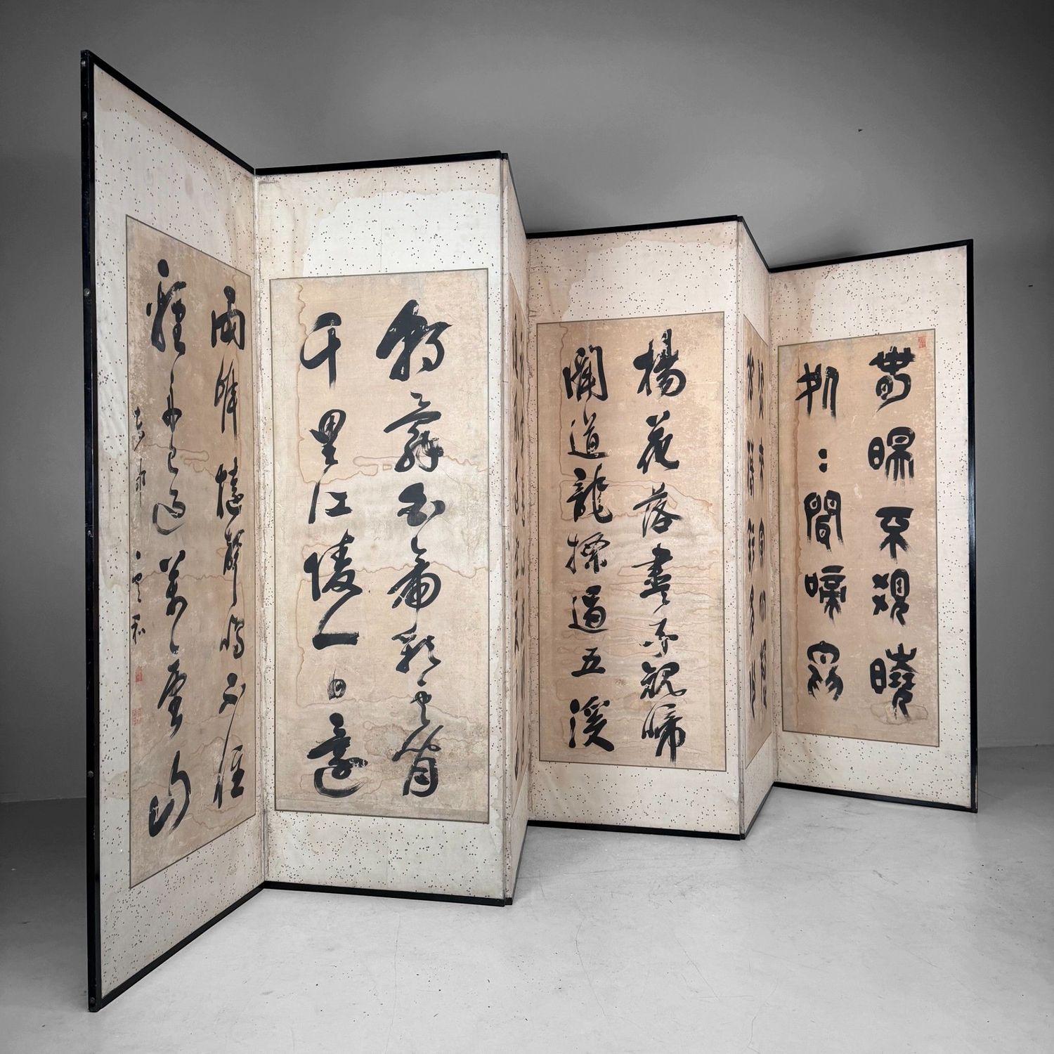 Antiek Japans Kamerscherm, Byōbu met Kalligrafie, 6 Panelen, 1890