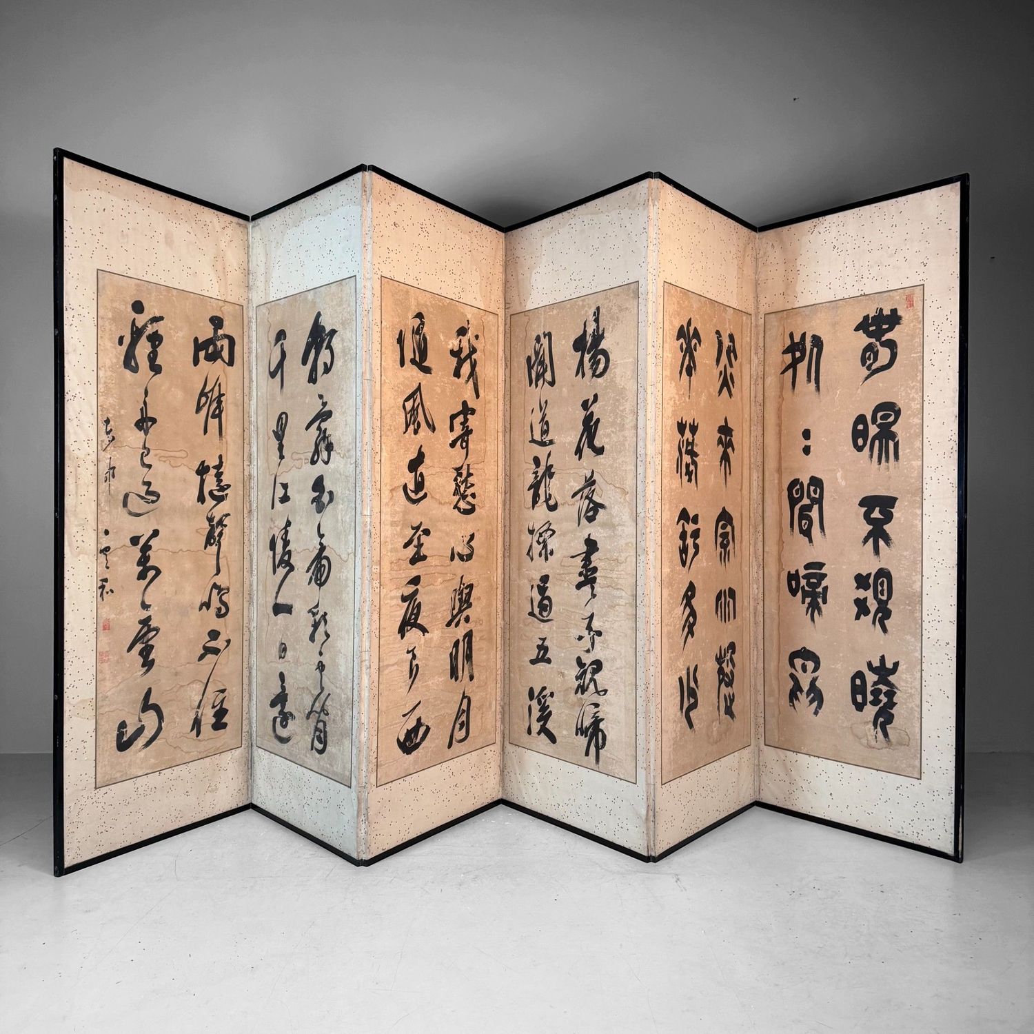 Antiek Japans Kamerscherm, Byōbu met Kalligrafie, 6 Panelen, 1890