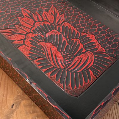 Japanese Wooden Tray, Kamakura-bori with Floral Motif, 1960s
