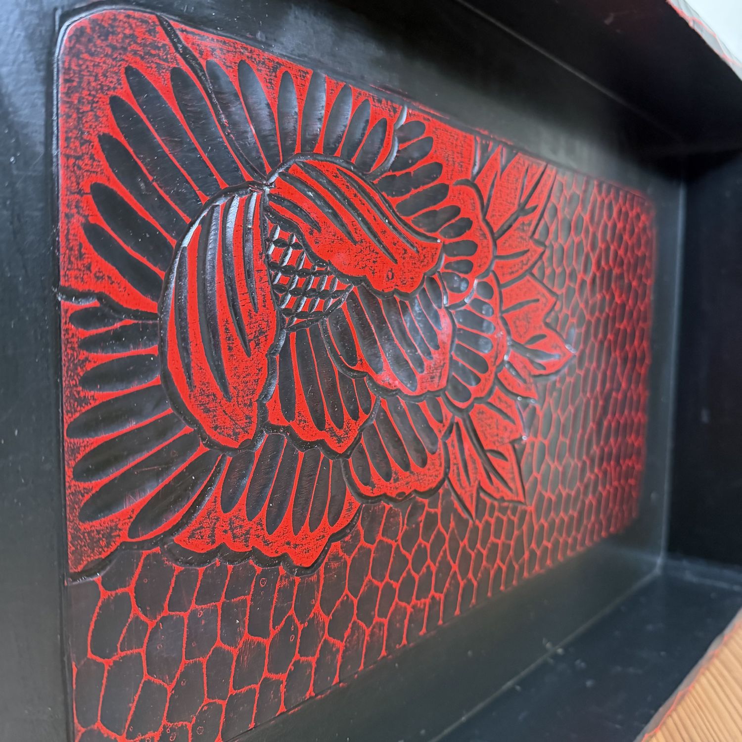 Japans Houten Dienblad, Kamakura-bori met Bloemmotief, 1960s