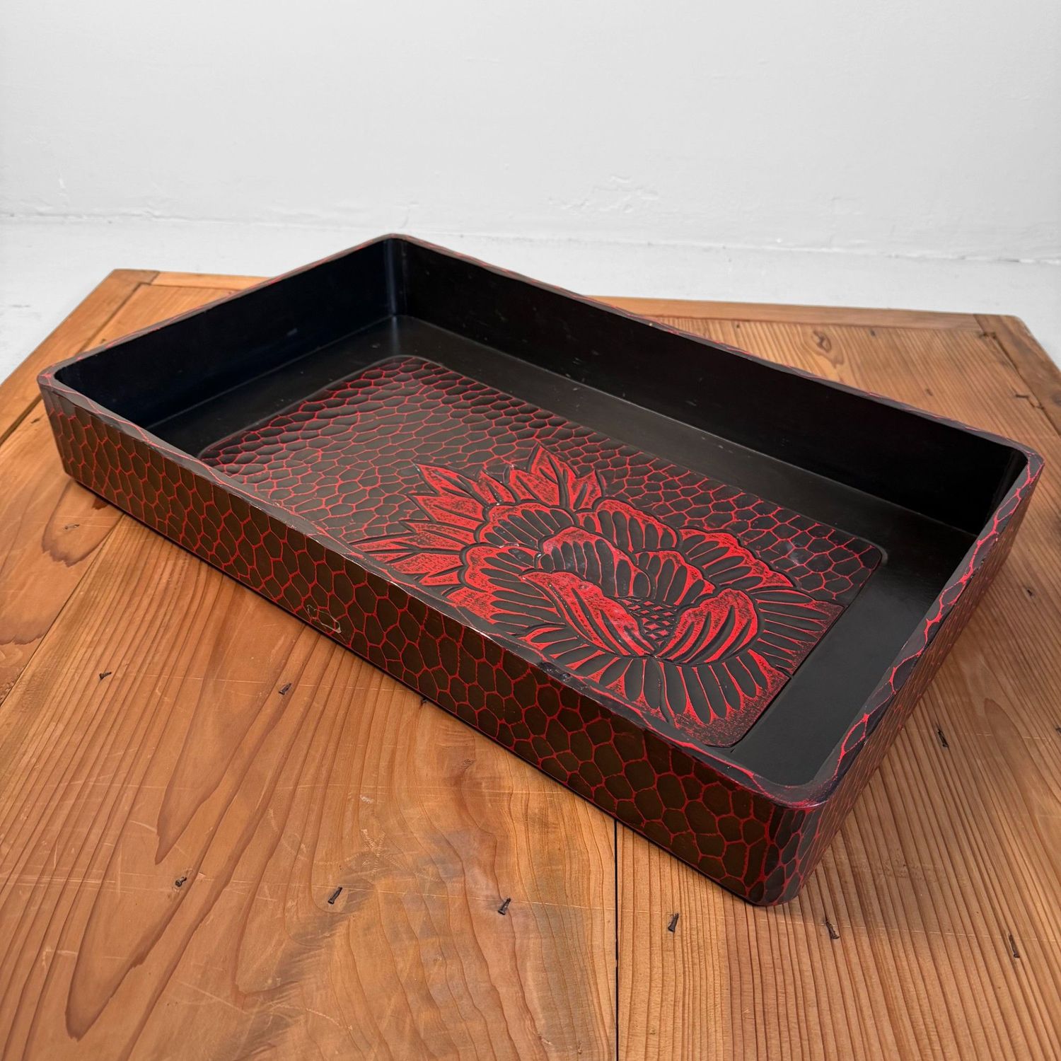 Japanese Wooden Tray, Kamakura-bori with Floral Motif, 1960s