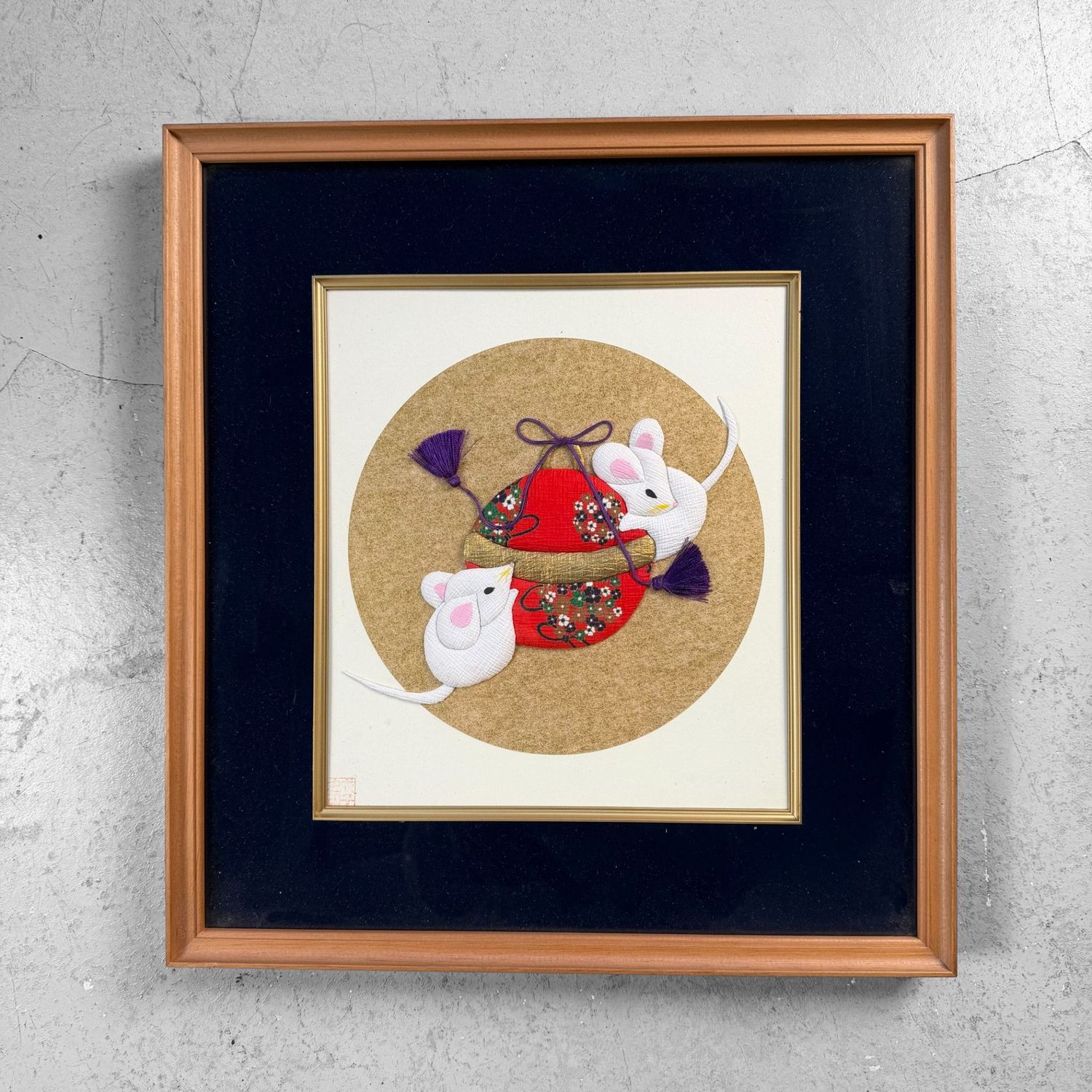 Japanse Shishigiyo Textielkunst, Muizen en Temari-bal, ingelijst, 1980s