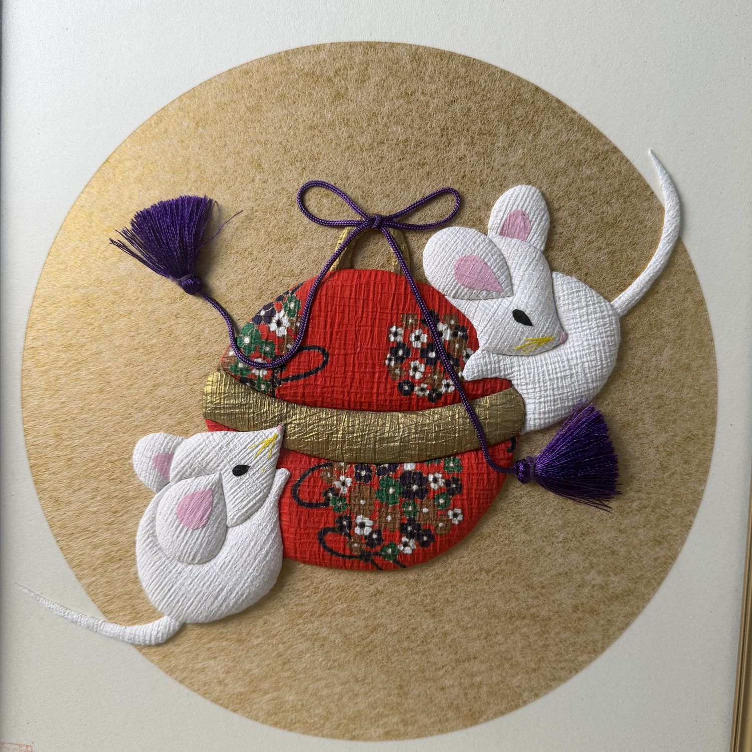 Japanse Shishigiyo Textielkunst, Muizen en Temari-bal, ingelijst, 1980s