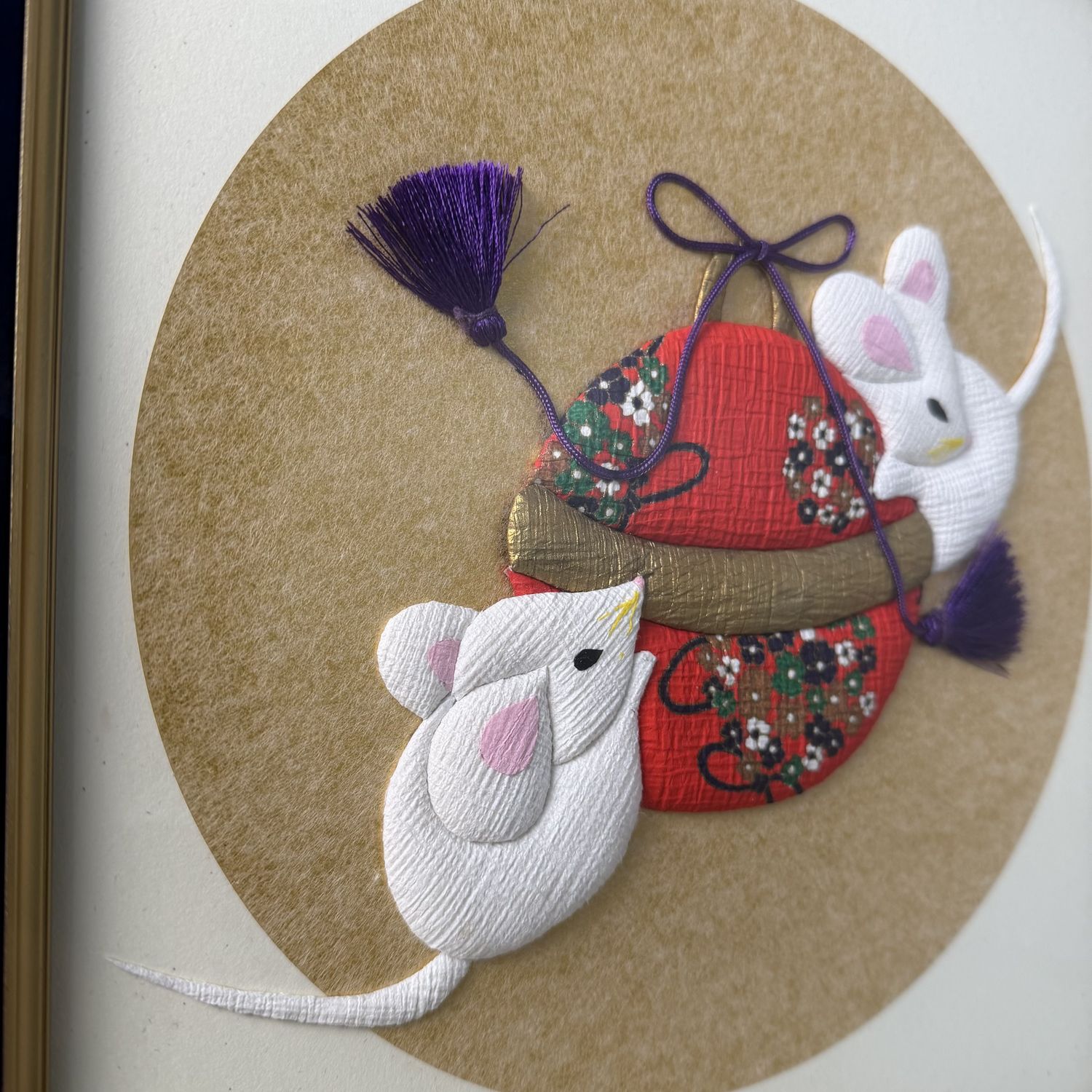 Japanse Shishigiyo Textielkunst, Muizen en Temari-bal, ingelijst, 1980s