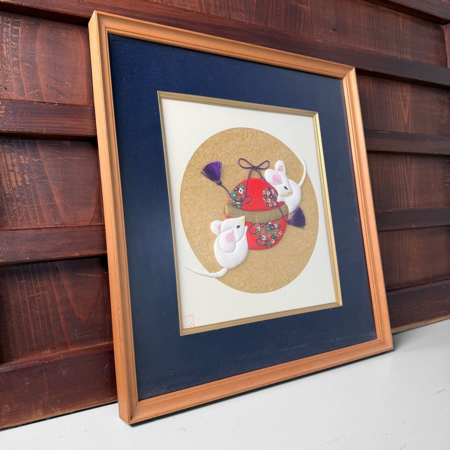 Japanese Shishigiyo Textile Art, Mice and Temari Ball, Framed, 1980s