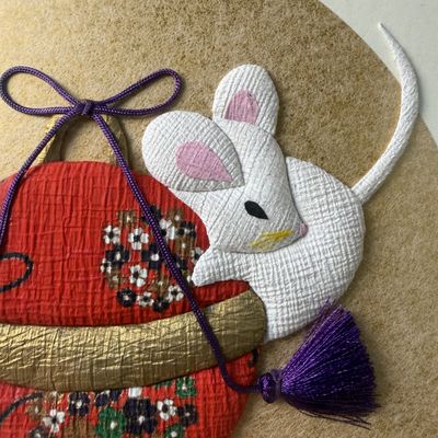 Japanese Shishigiyo Textile Art, Mice and Temari Ball, Framed, 1980s
