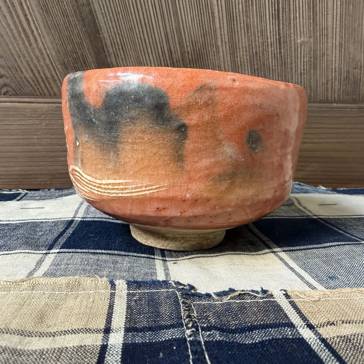Japanese Aka-Raku Matcha Chawan with Flying Fish, 1970s