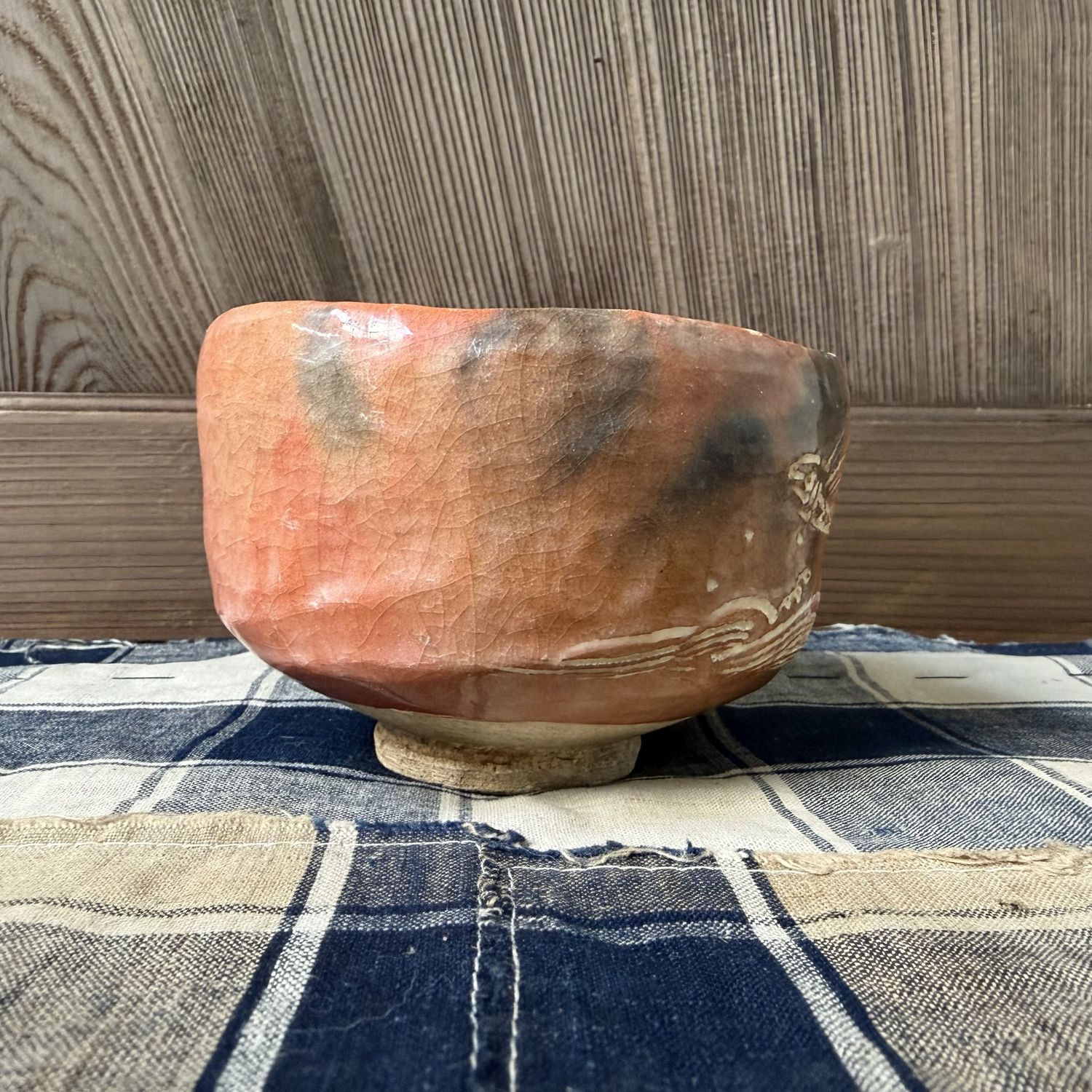 Japanese Aka-Raku Matcha Chawan with Flying Fish, 1970s