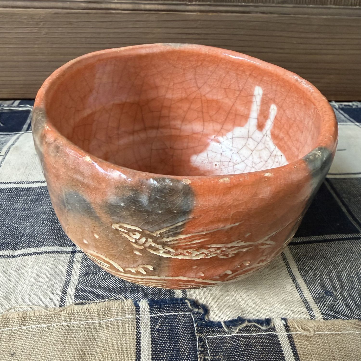 Japanese Aka-Raku Matcha Chawan with Flying Fish, 1970s