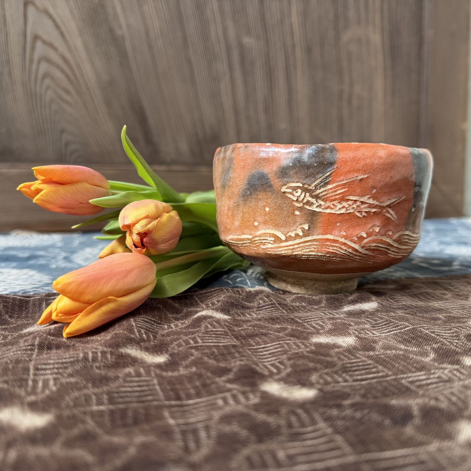 Japanese Aka-Raku Matcha Chawan with Flying Fish, 1970s