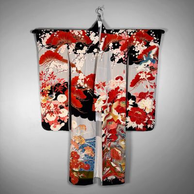 Colourful Japanese Furisode Kimono with Embroidery, Silk, 1950s