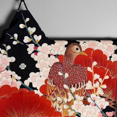 Colourful Japanese Furisode Kimono with Embroidery, Silk, 1950s