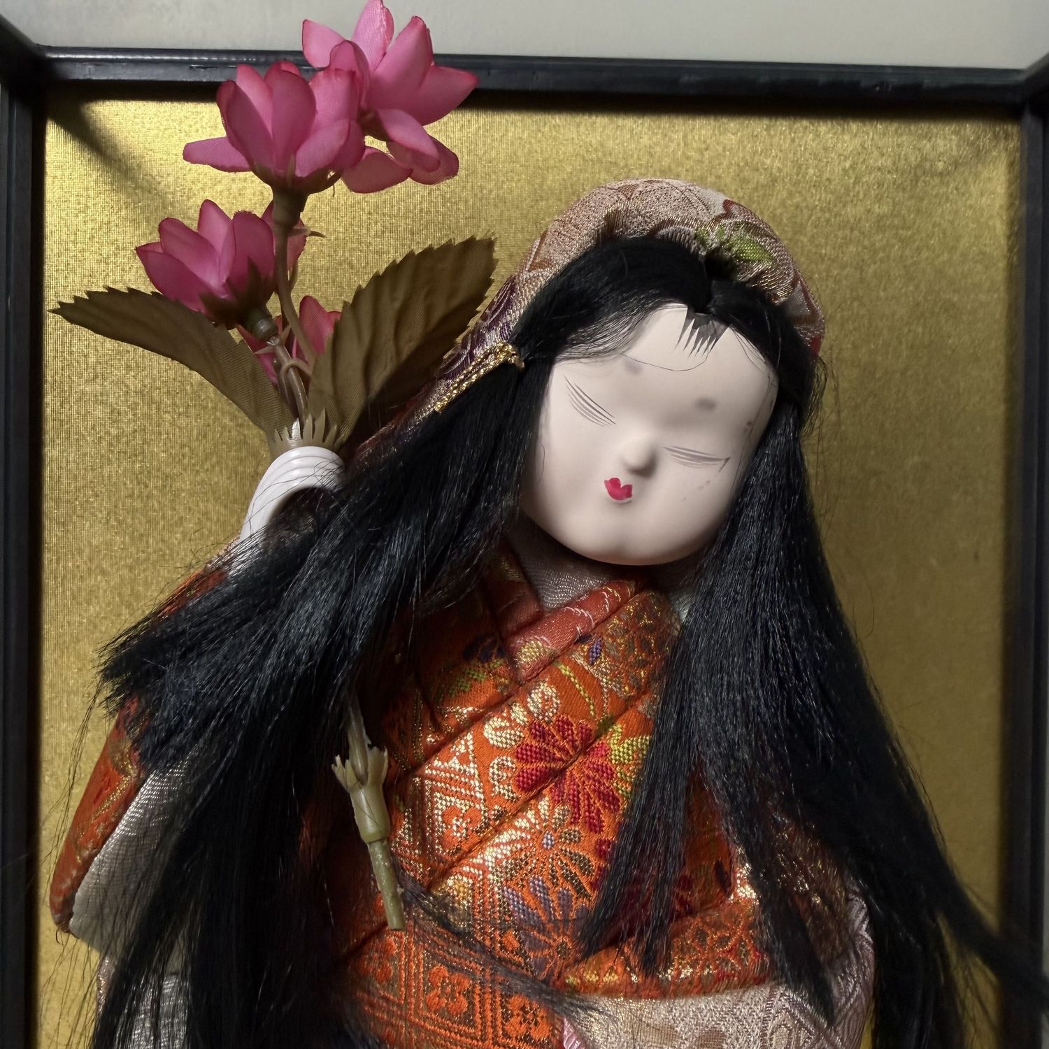 Japanese Ichimatsu Doll, Girl with Flower, Glass Display, 1970s