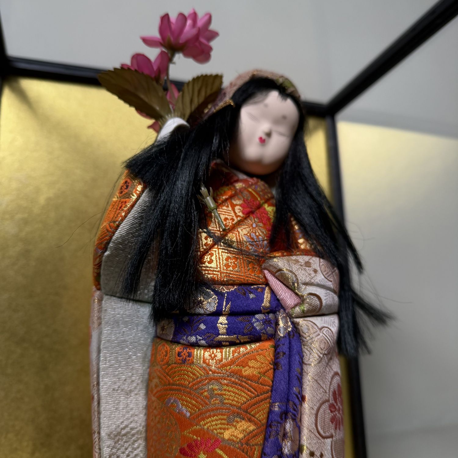 Japanese Ichimatsu Doll, Girl with Flower, Glass Display, 1970s
