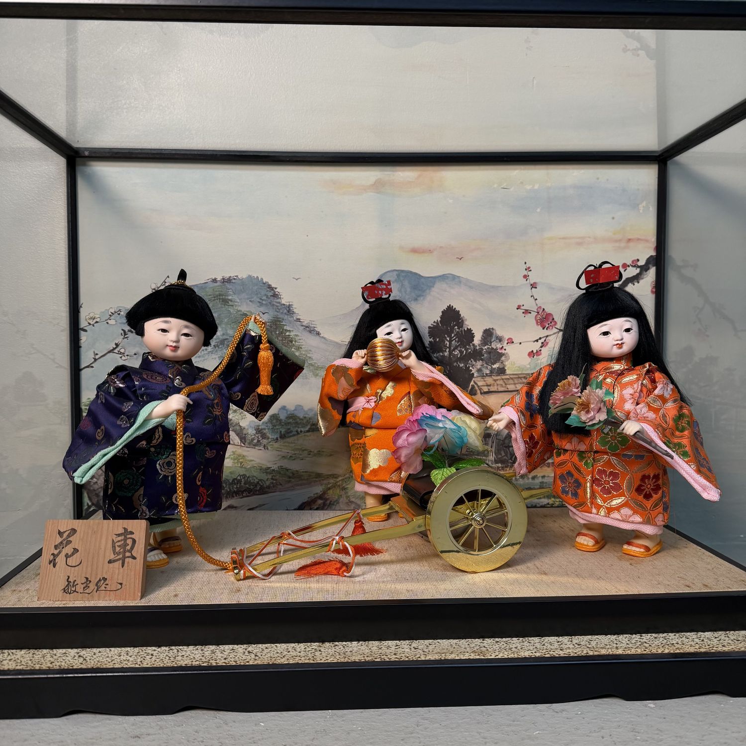 Japanese Ichimatsu Doll Display, “Hanaguruma” Flower Cart, 1970s