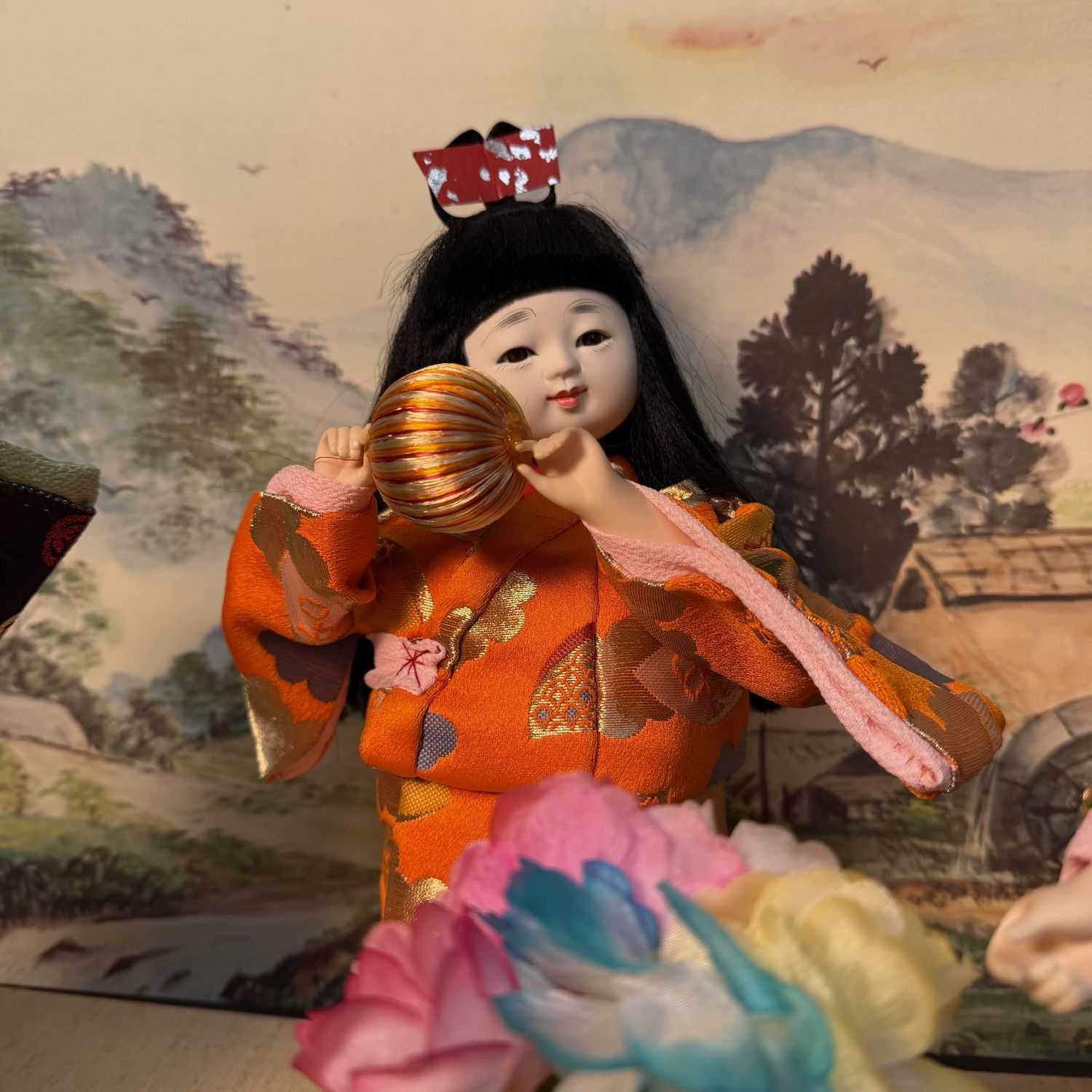 Japanese Ichimatsu Doll Display, “Hanaguruma” Flower Cart, 1970s