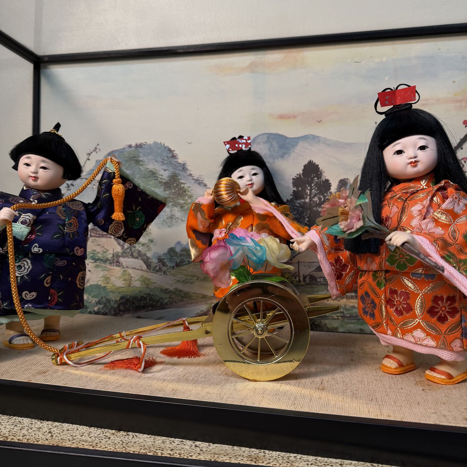 Japanese Ichimatsu Doll Display, “Hanaguruma” Flower Cart, 1970s