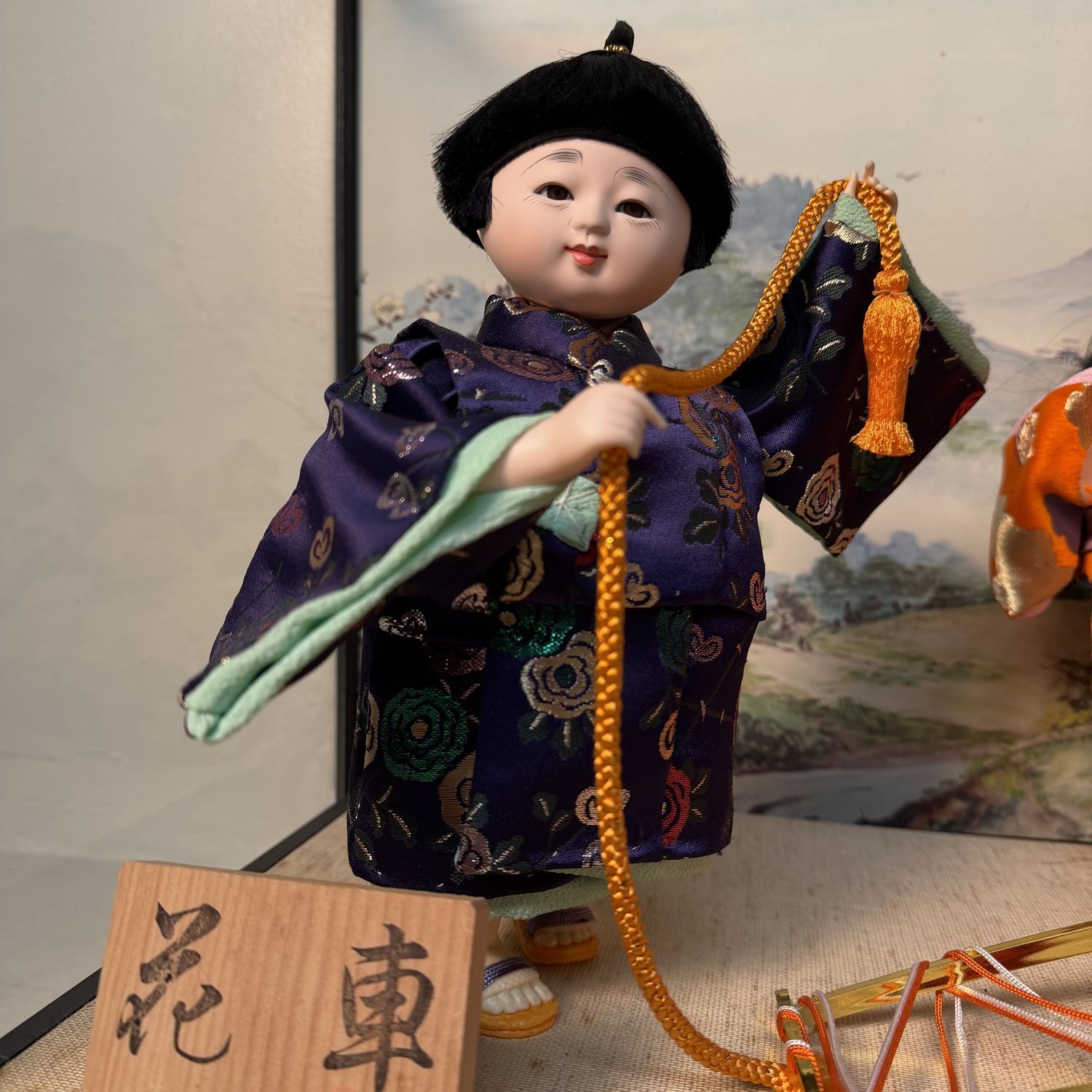 Japanese Ichimatsu Doll Display, “Hanaguruma” Flower Cart, 1970s