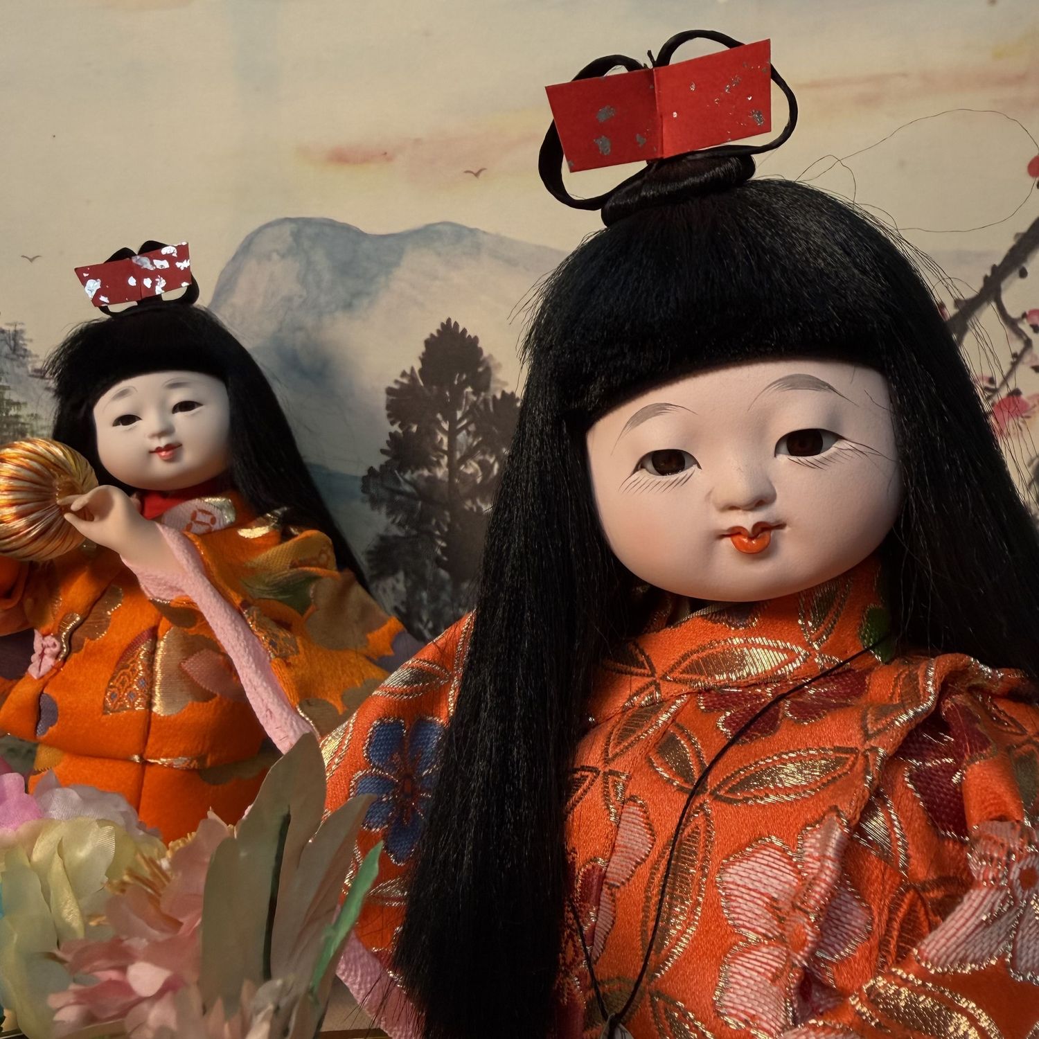 Japanese Ichimatsu Doll Display, “Hanaguruma” Flower Cart, 1970s