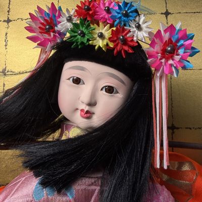 Japanese Buyō Doll, “Fuji Musume” (Wisteria Maiden) in Glass Display Case, 1961