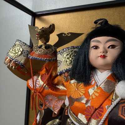 Japanese Hina-ningyō Warrior in Glass Display, “Hatsujin”, 1978