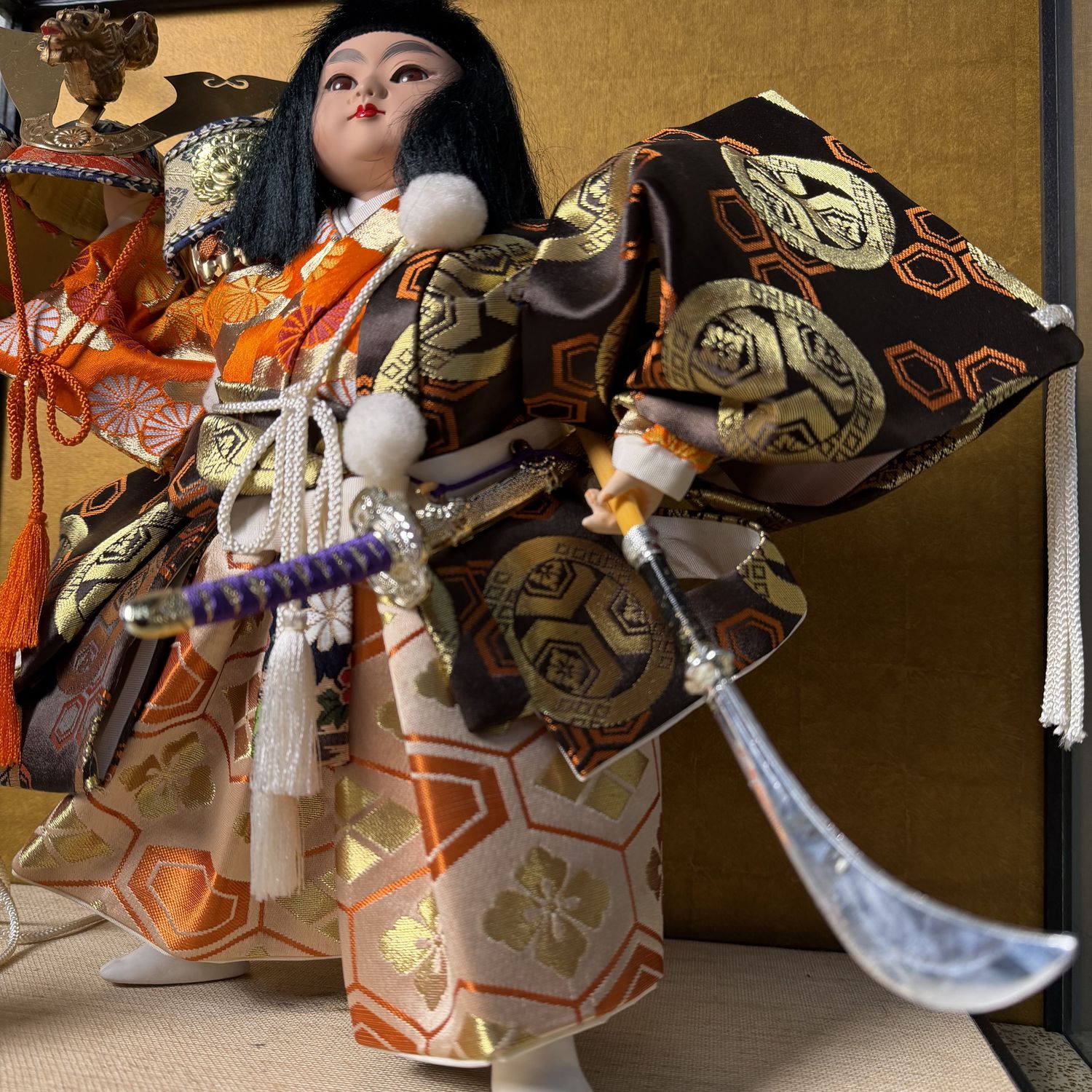 Japanese Hina-ningyō Warrior in Glass Display, “Hatsujin”, 1978