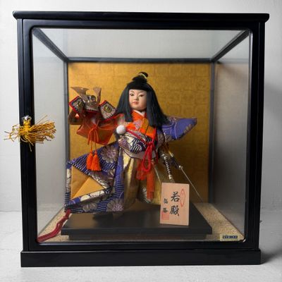 Japanese Gogatsu Warrior Doll, Glass Display Case, “First Battle”, 1980 Japanese Gogatsu Warrior Doll, Glass Display Case, “First Battle”, 1980