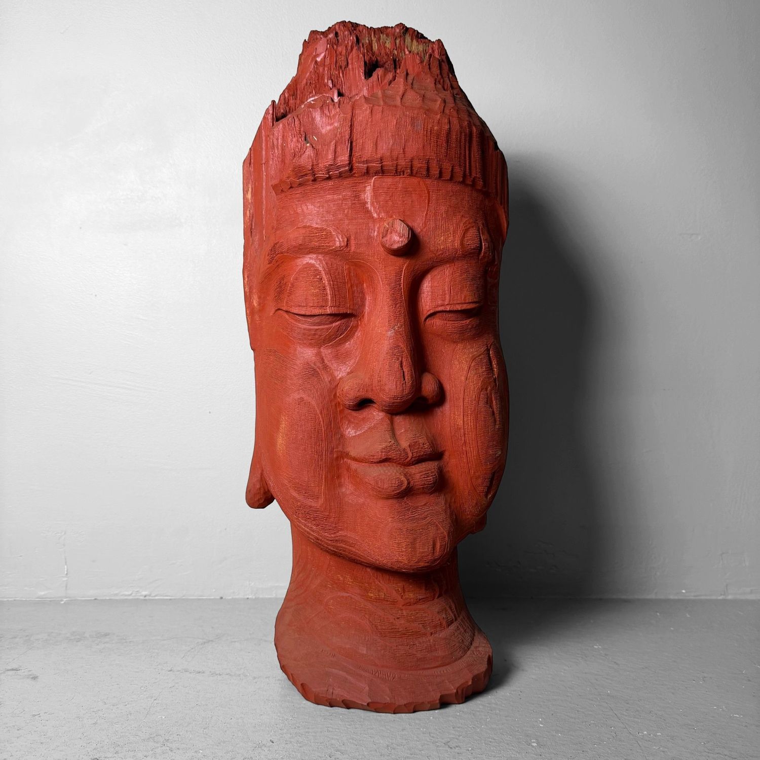 Japanese Wooden Sculpture “Buddha Head”, Koichi, 1985