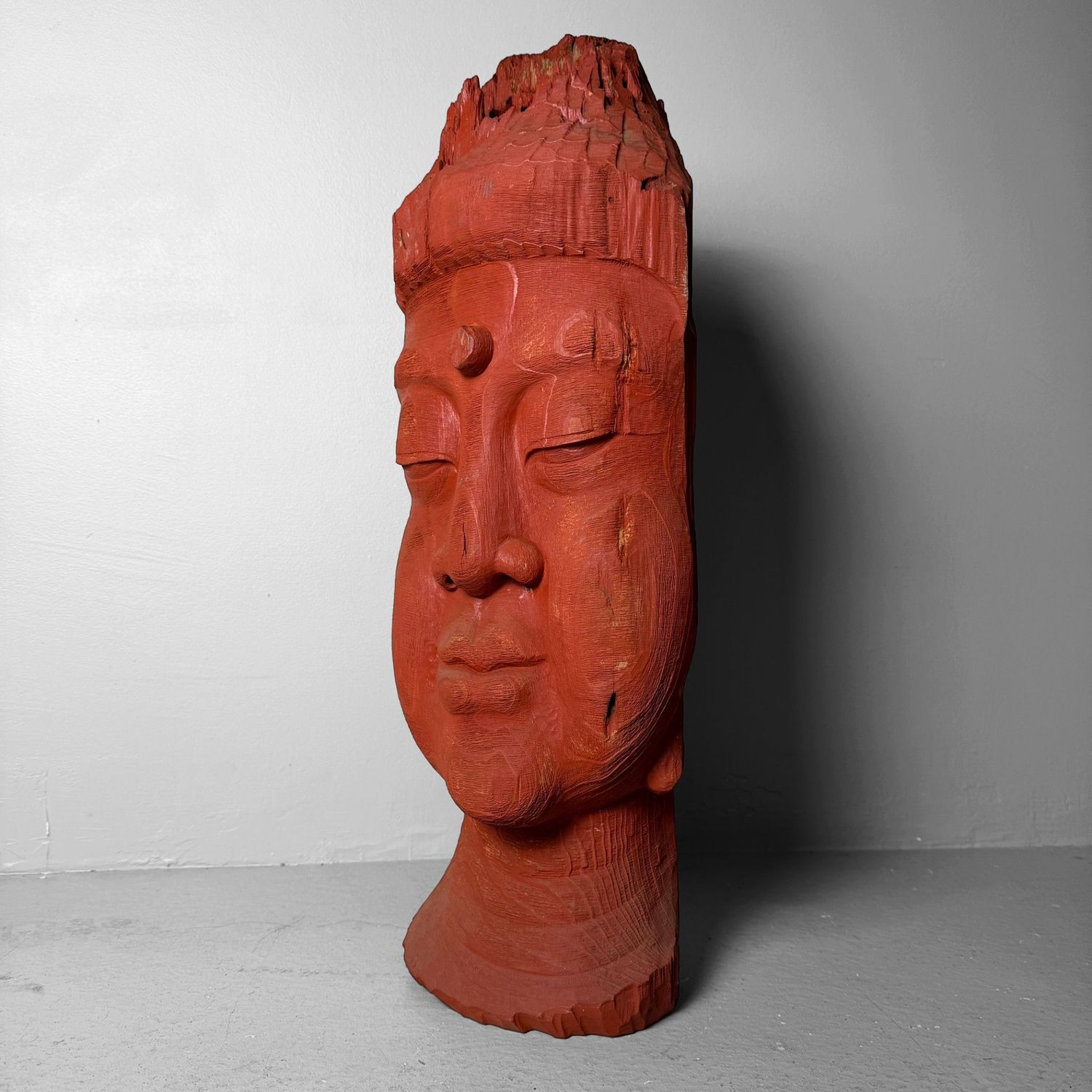 Japanese Wooden Sculpture “Buddha Head”, Koichi, 1985