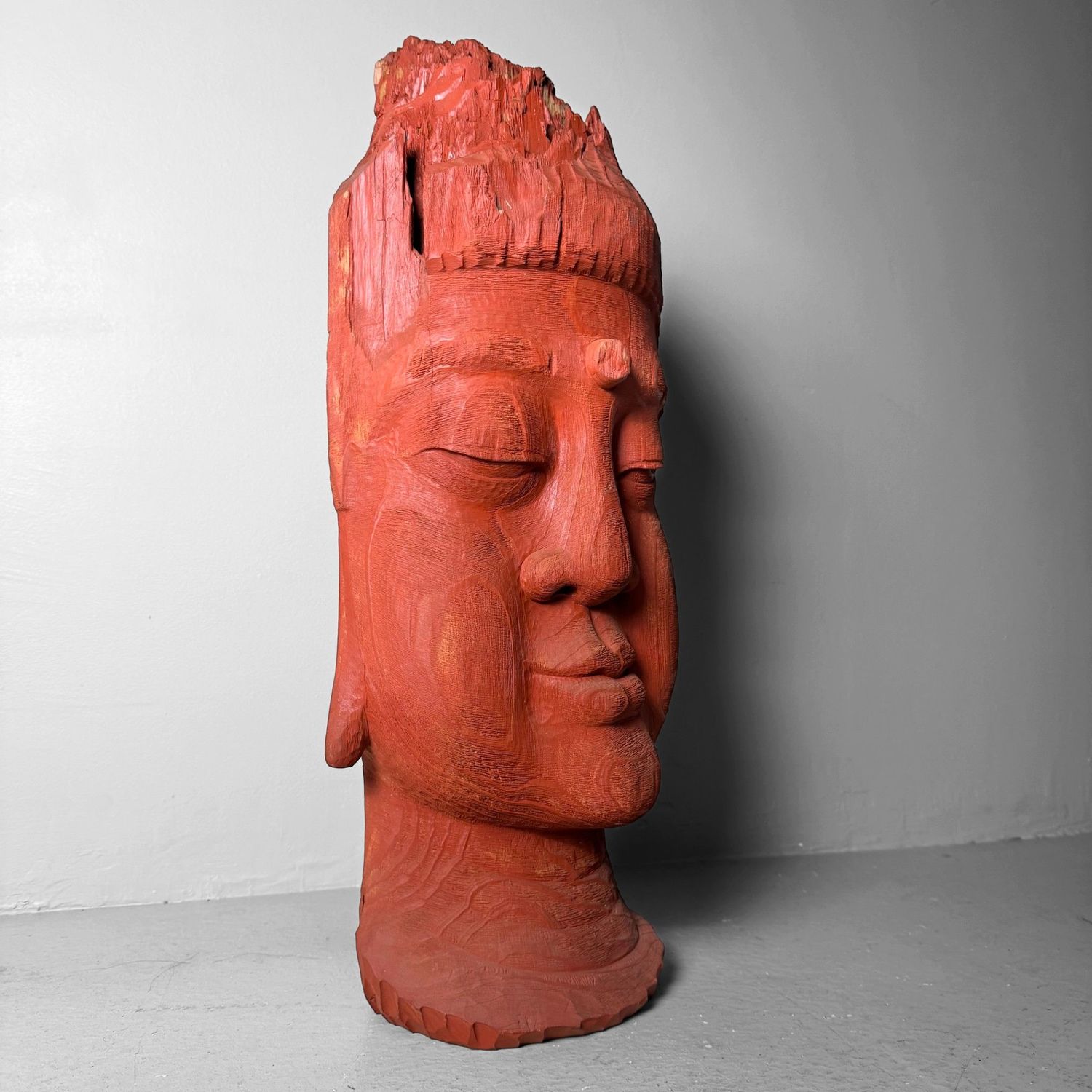 Japanese Wooden Sculpture “Buddha Head”, Koichi, 1985