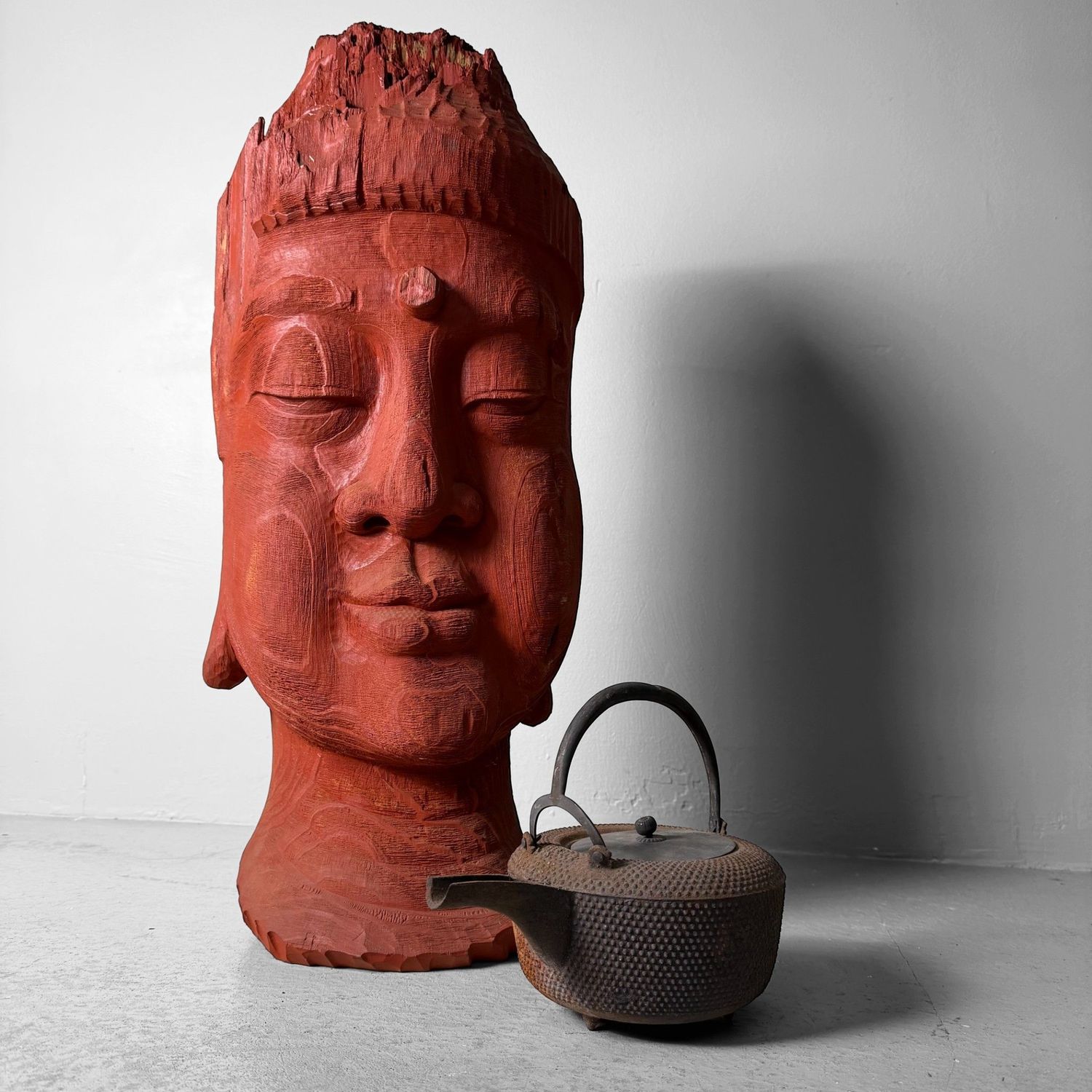 Japanese Wooden Sculpture “Buddha Head”, Koichi, 1985