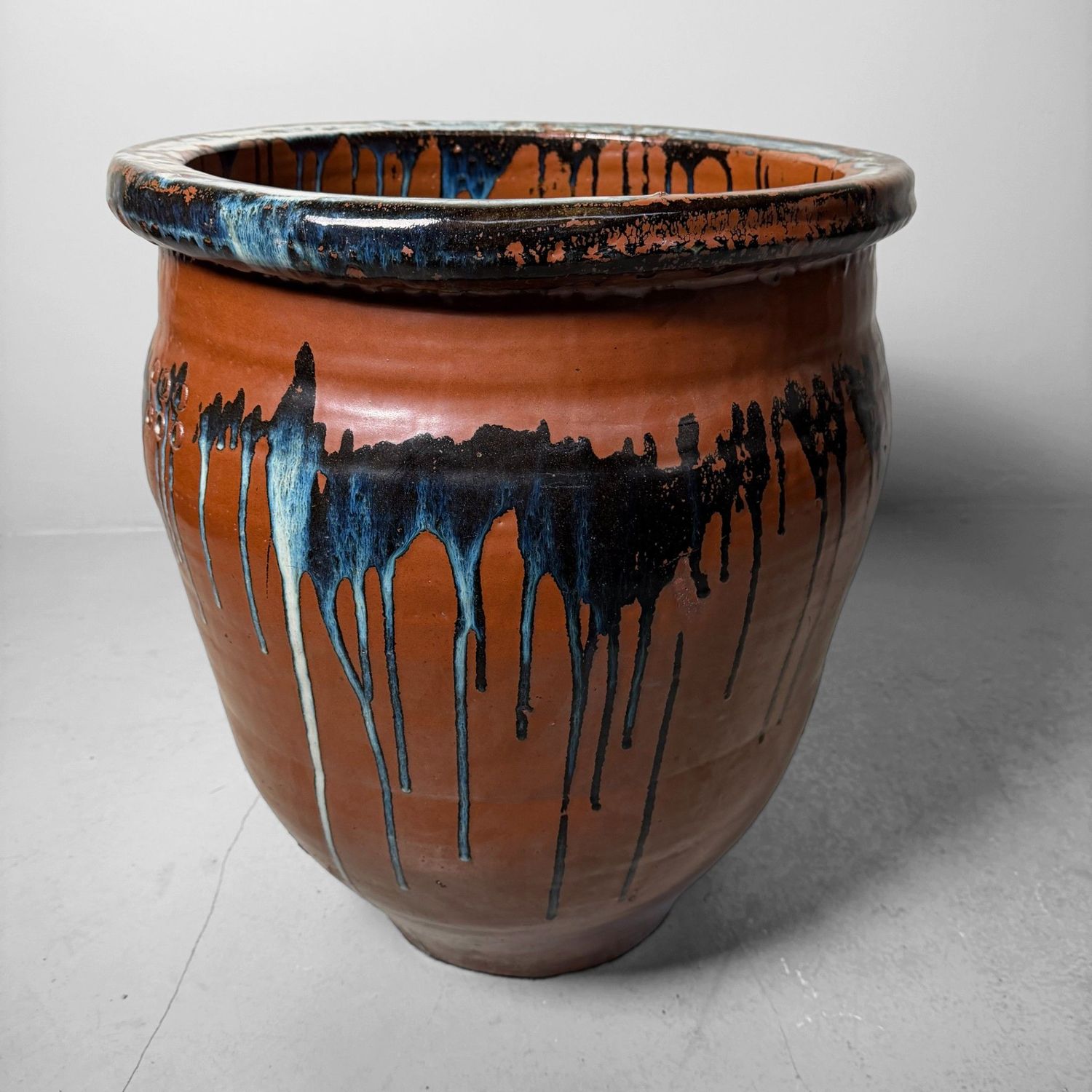 Large Japanese Tsubo Jar, Stoneware & Drip Glaze, 1970s
