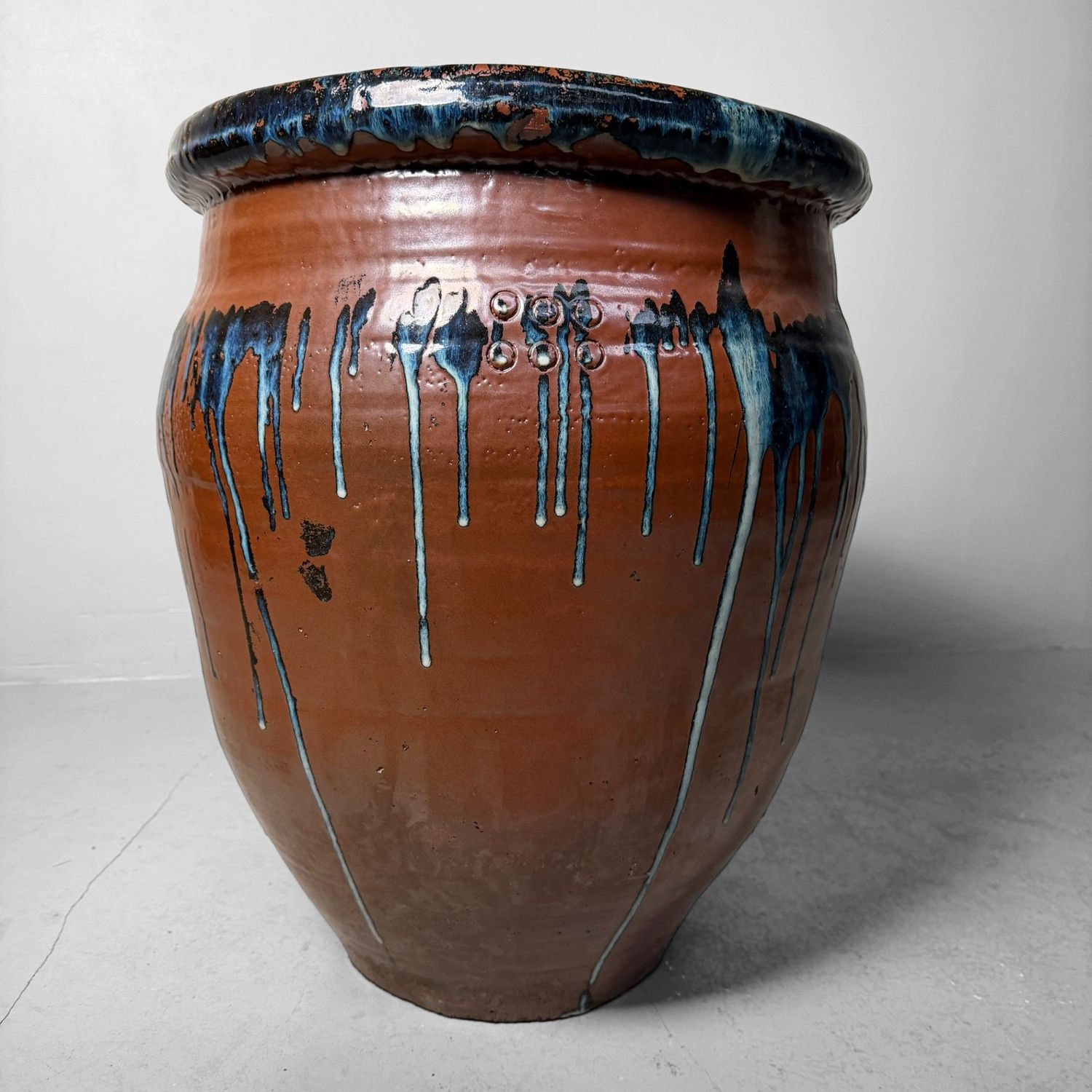 Large Japanese Tsubo Jar, Stoneware & Drip Glaze, 1970s