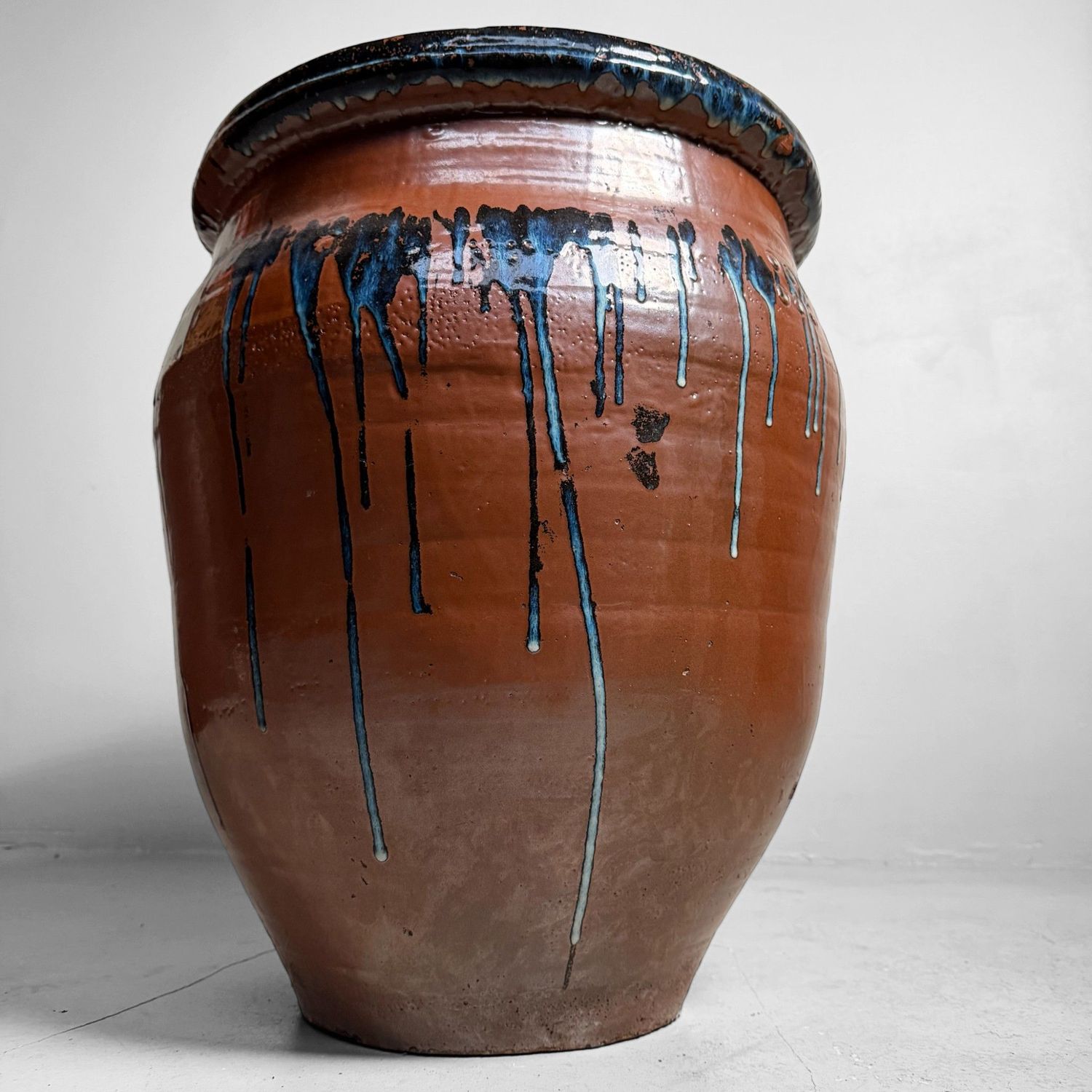 Large Japanese Tsubo Jar, Stoneware & Drip Glaze, 1970s