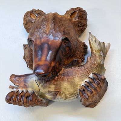 Ainu Wood Carving ‘Bear with salmon’, wall decoration, Hokkaido, 1970s