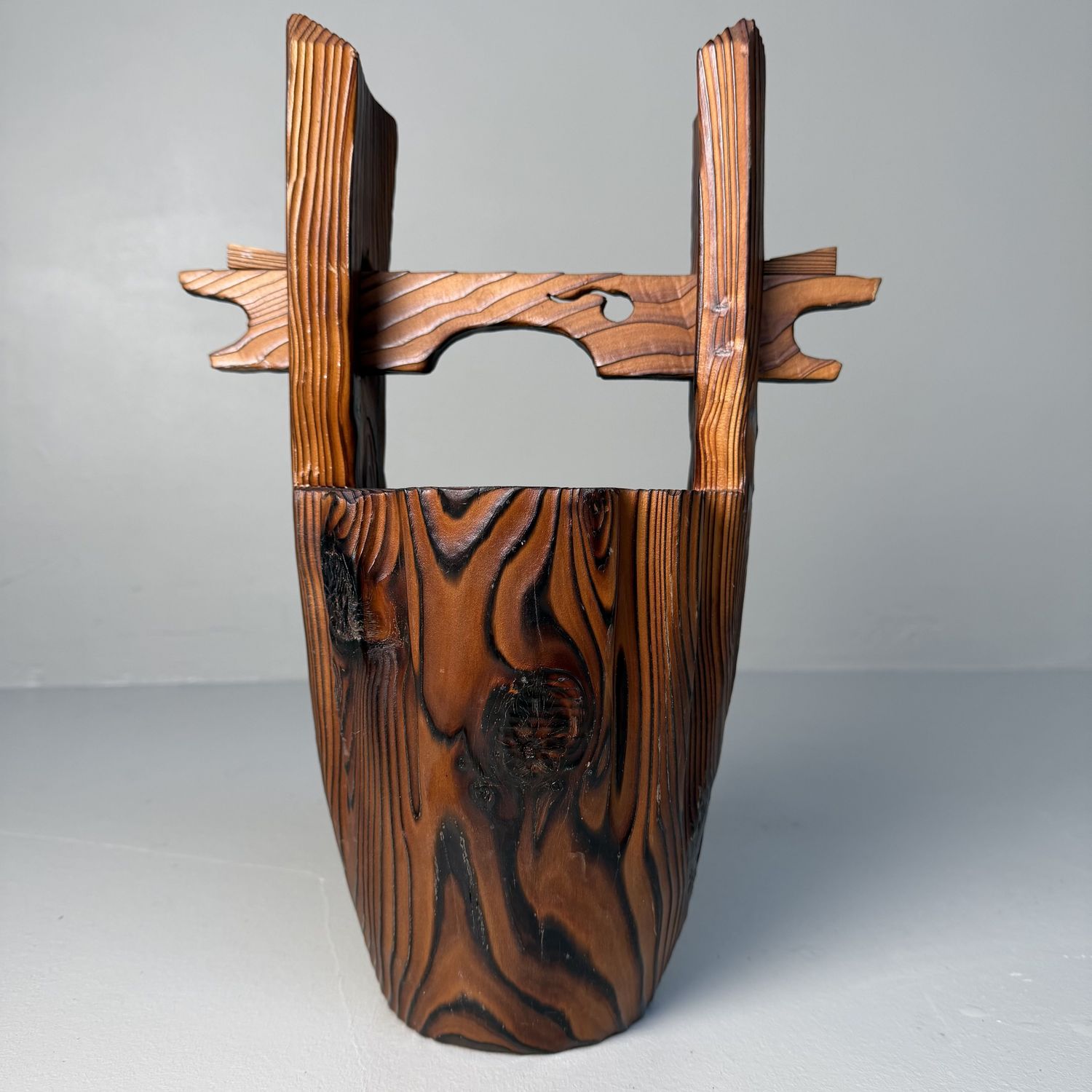 Sugi Wooden Japanese Ikebana Vase with Copper Reservoir, 1960s